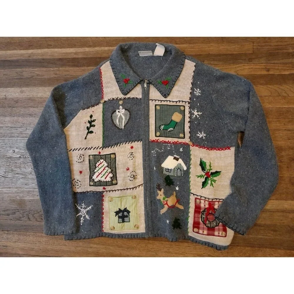 Vintage Womens Embroidered Patchwork Holiday 3D Christmas Zip Size XL Cardigan